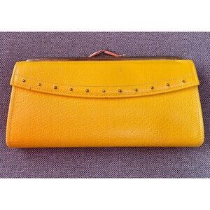 Vtg Baronet Mustard Yellow Leather Wallet Clutch 1960s Kiss Lock Closure Studs